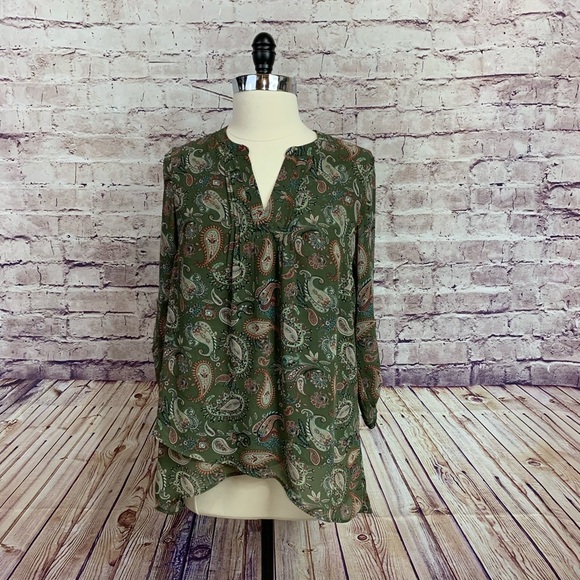 DR2 Green Paisley Print Semi Sheer Roll Tab Sleeve Blouse - Picture 1 of 14
